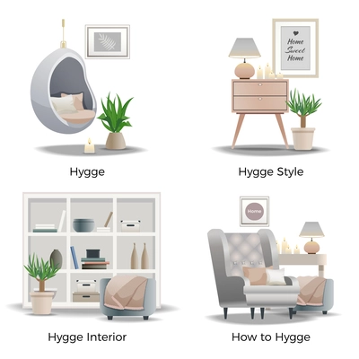 Scandinavian hygge style concept 4 cozy interior design compositions with candles comfortable reading nooks isolated vector illustration