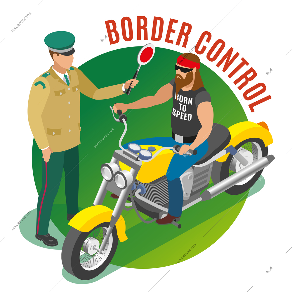 Border control isometric round composition with frontier guard during biker verification on green background vector illustration