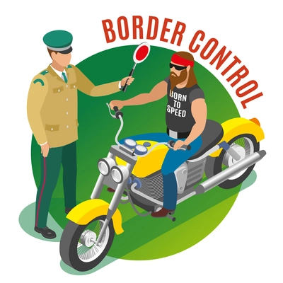 Border control isometric round composition with frontier guard during biker verification on green background vector illustration