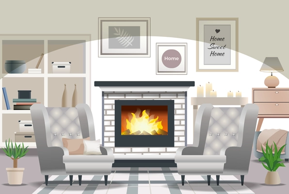 Hygge stile living room interior composition with fireplace cozy armchairs candles pillows wall decoration flat vector illustration