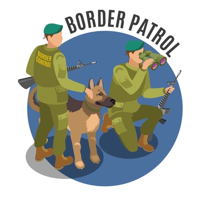 Border patrol isometric round composition frontier guards with binoculars and german shepherd on blue background vector illustration