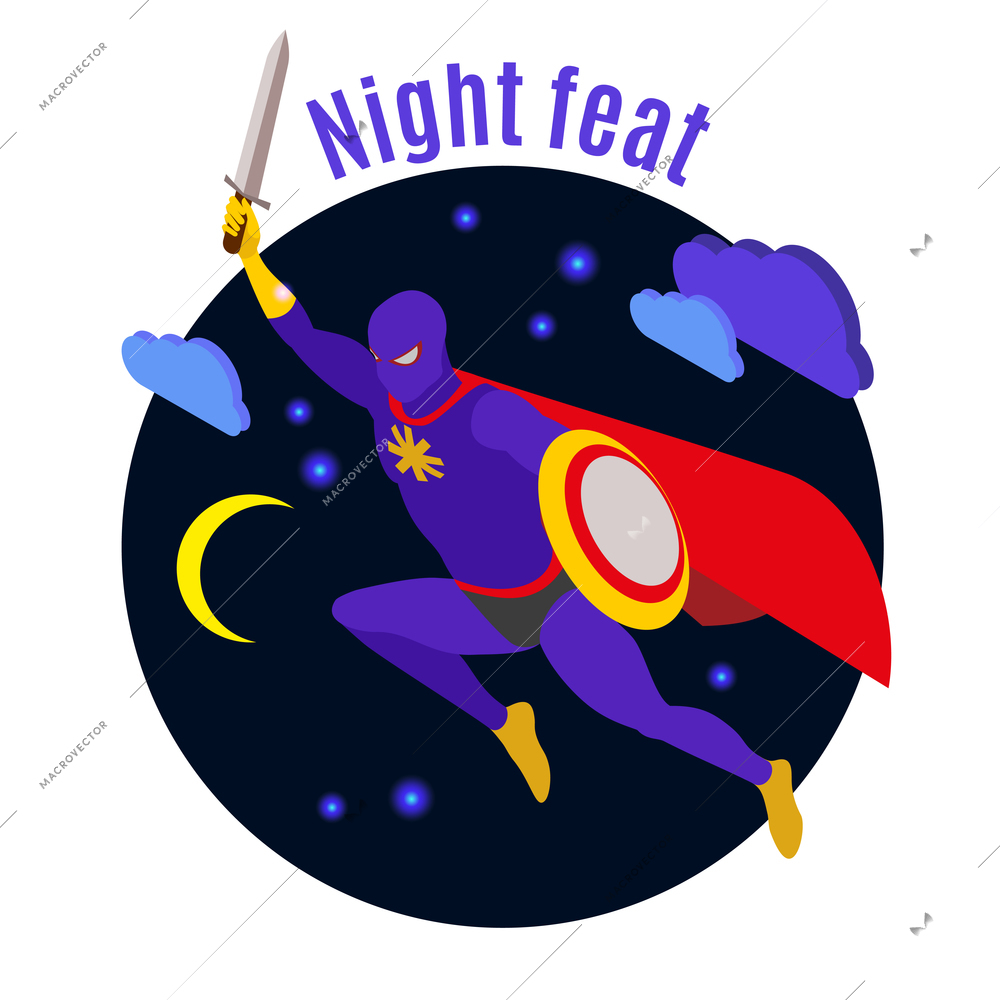 Super hero with sword and shield during night activity on dark background isometric vector illustration