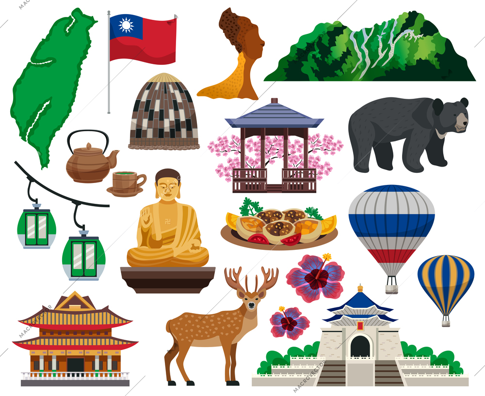 Taiwan travel cultural symbols traditions food sightseeing landmarks tourists attractions architecture flat elements set isolated vector illustration