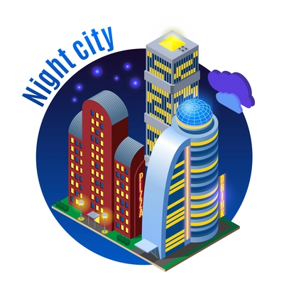 Luminous sky scrapers with modern architecture at night isometric round composition on dark background vector illustration