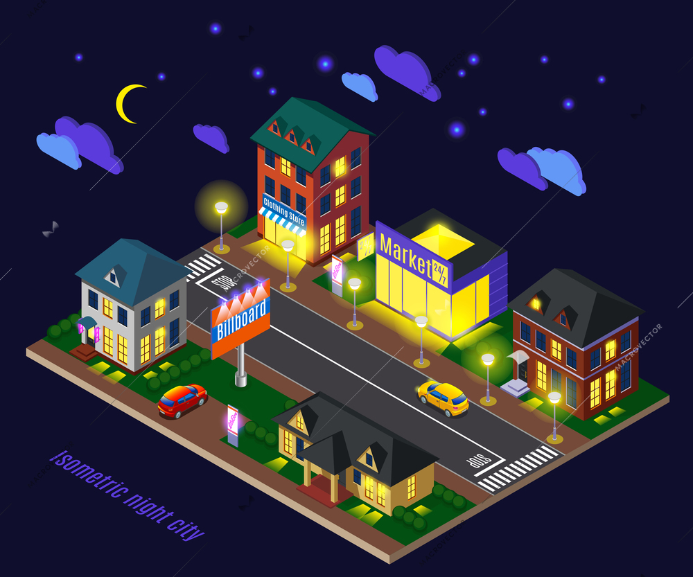 Night suburb with luminous houses shops and road infrastructure isometric composition on dark background vector illustration