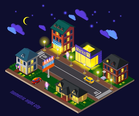 Night suburb with luminous houses shops and road infrastructure isometric composition on dark background vector illustration