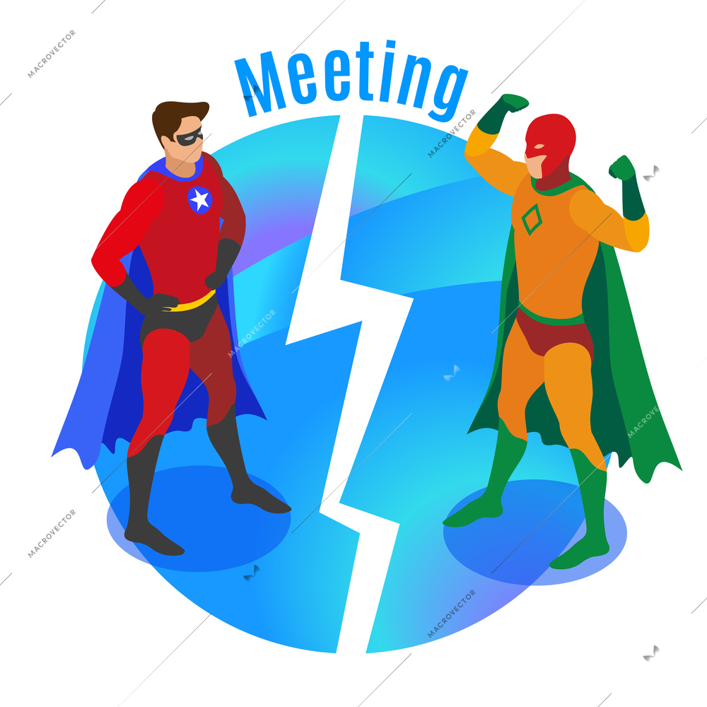 Super heroes in confident poses during meeting of competitors on round blue background isometric vector illustration