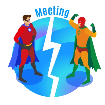 Super heroes in confident poses during meeting of competitors on round blue background isometric vector illustration