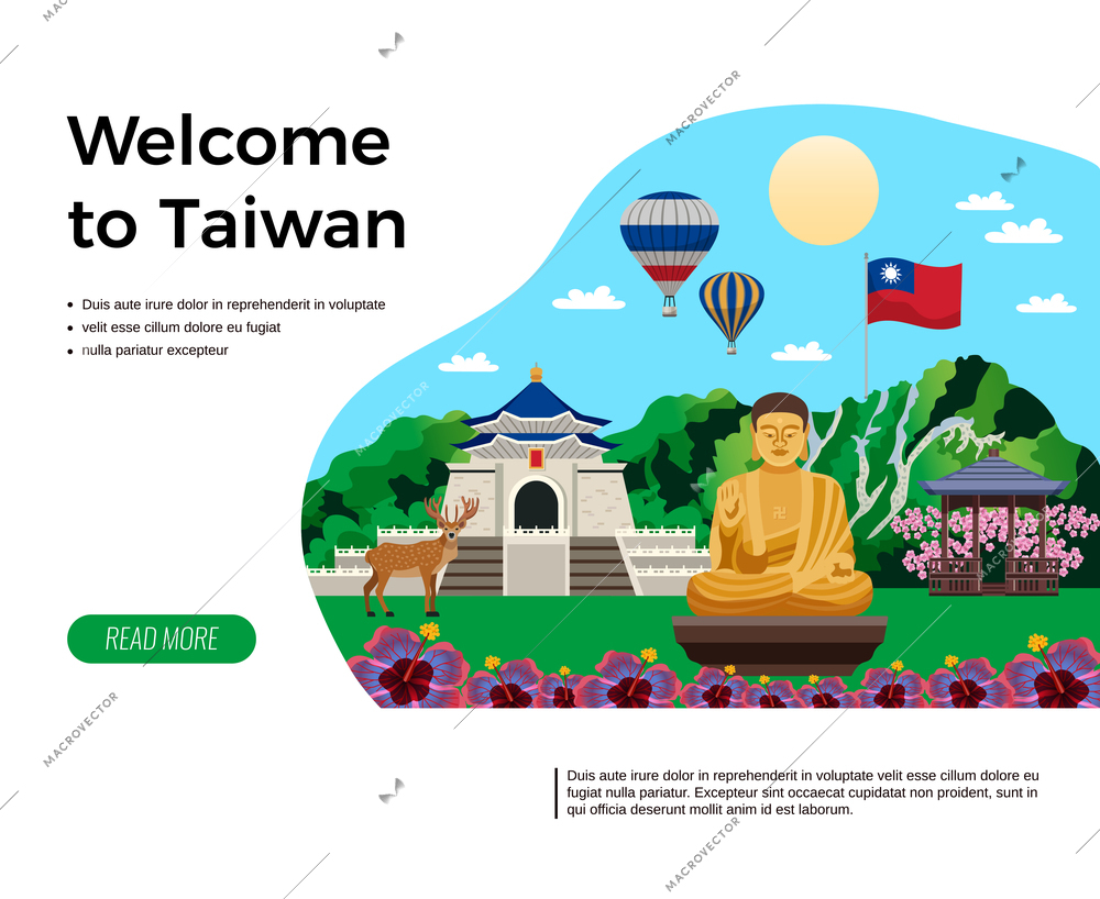 Welcome to taiwan travel agency website design composition with golden buddha image nature flag flat vector illustration