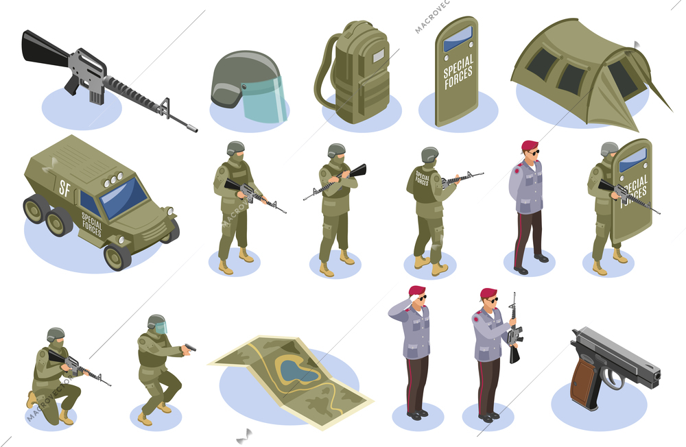 Military special forces set of isometric icons with soldiers in uniform and armament elements isolated vector illustration