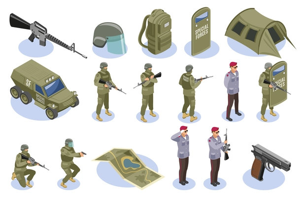 Military special forces set of isometric icons with soldiers in uniform and armament elements isolated vector illustration