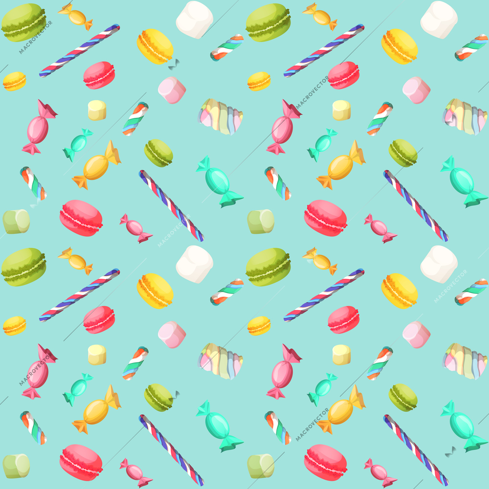 Sweets candy seamless pattern with macaron and marshmallow vector illustration