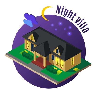 Residential villa with luminous windows and black roof at night on dark background isometric vector illustration