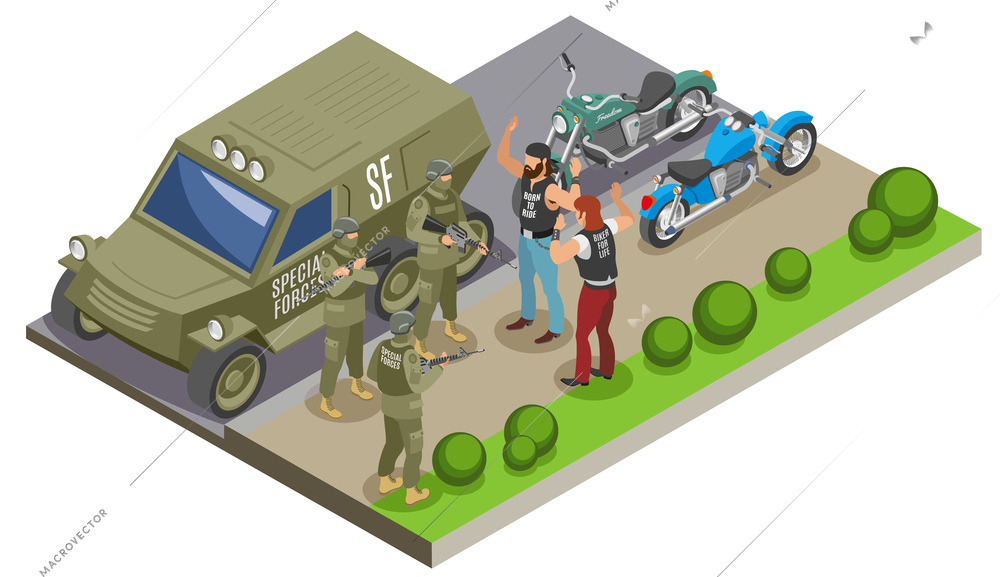 Military special forces during detention of bikers isometric composition with army vehicle and motor cycles vector illustration