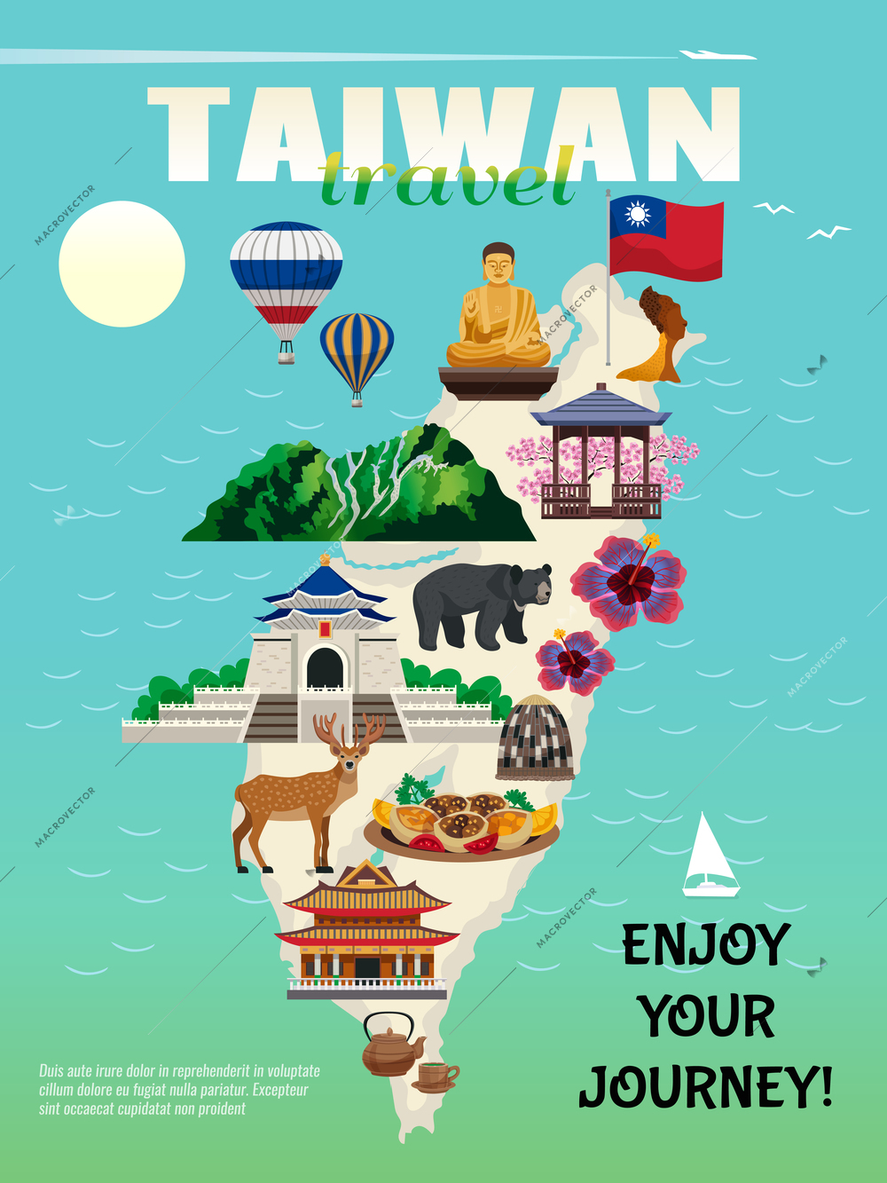 Taiwan travel country cultural map flat advertisement poster with national food sightseeing landmarks attractions symbols vector illustration