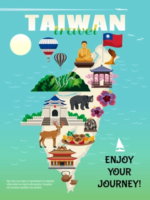 Taiwan travel country cultural map flat advertisement poster with national food sightseeing landmarks attractions symbols vector illustration