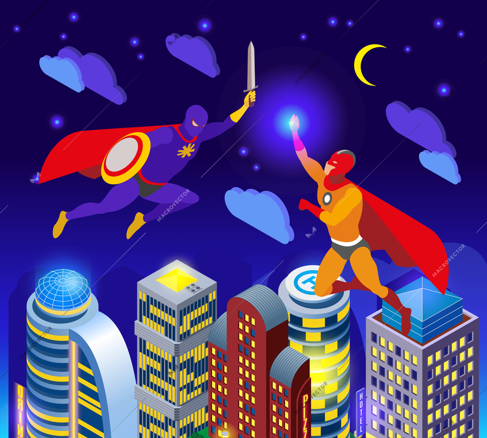 Super heroes during night fight over illuminated sky scrapers isometric composition vector illustration