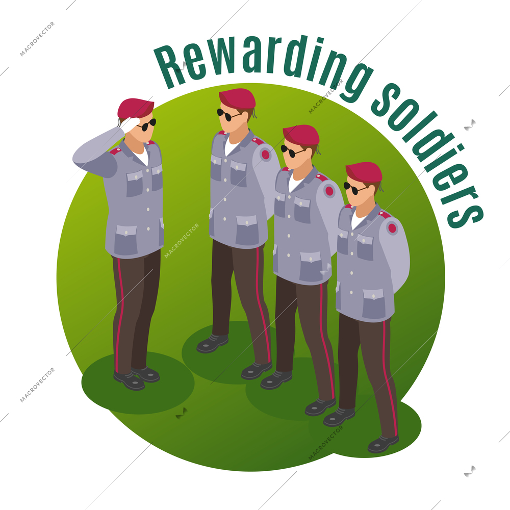 Military special forces isometric composition with rewarding soldiers in parade uniform on round green background vector illustration