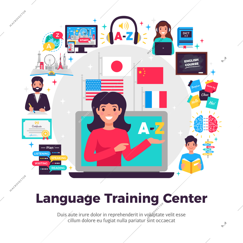 Foreign language training center advertisement flat composition with tutor online learning programs methods symbols apps vector illustration