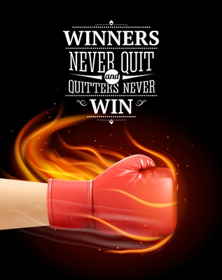Winners and quitters quotes with sports symbols and boxing realistic vector illustration