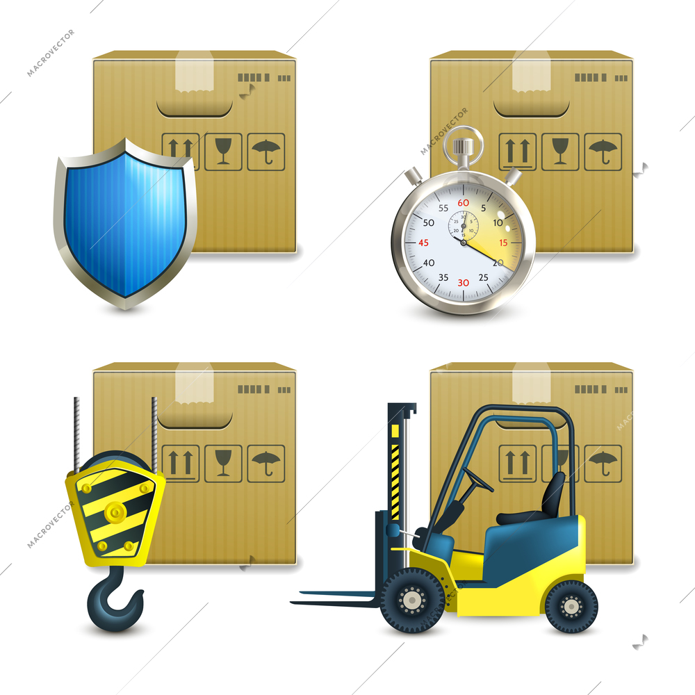 Logistic shipping realistic icons set of cardboard packages  isolated vector illustration