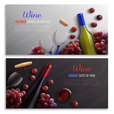 Wine realistic horizontal banners with advertising of drinks made from best grades of grapes vector illustration