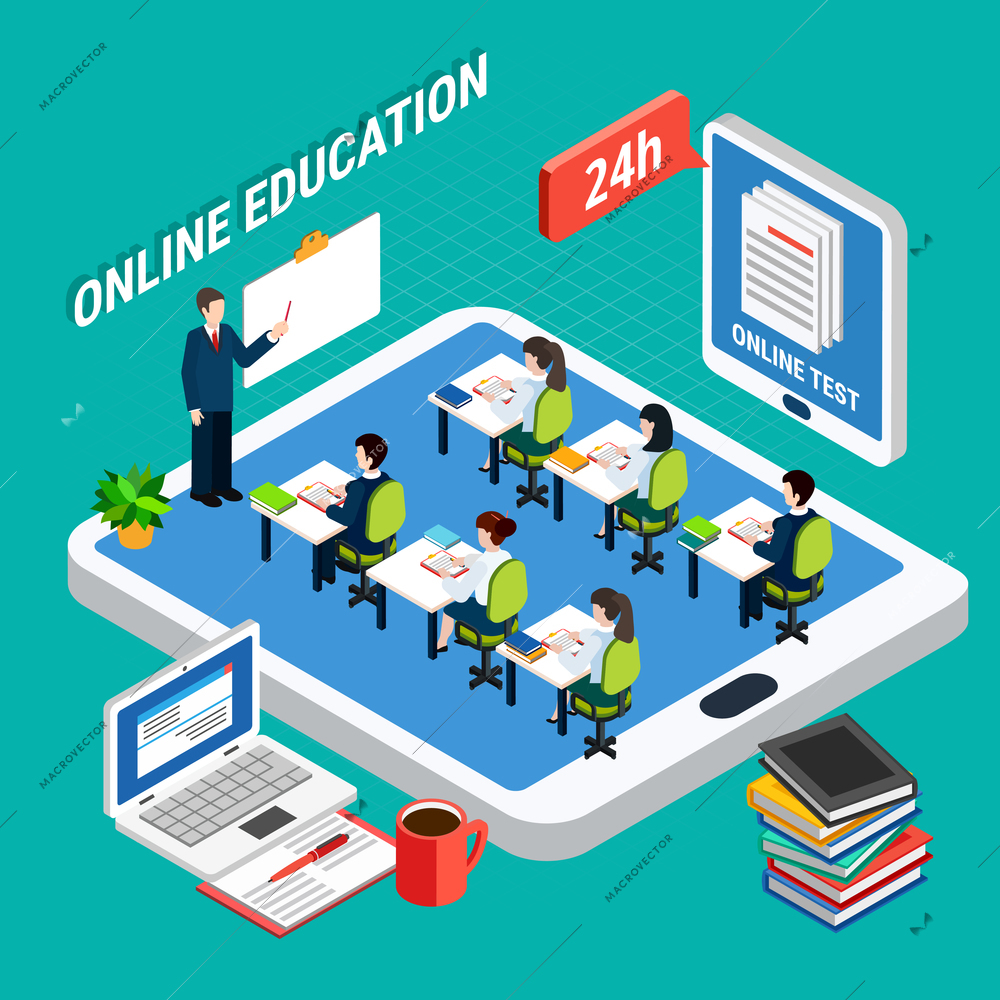 Online distant education isometric concept with teacher pupils tablet books and laptop 3d vector illustration