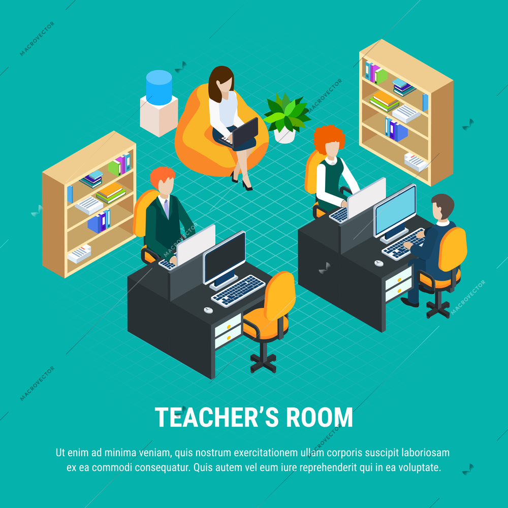 Education isometric concept with teachers working on computers in their room 3d vector illustration