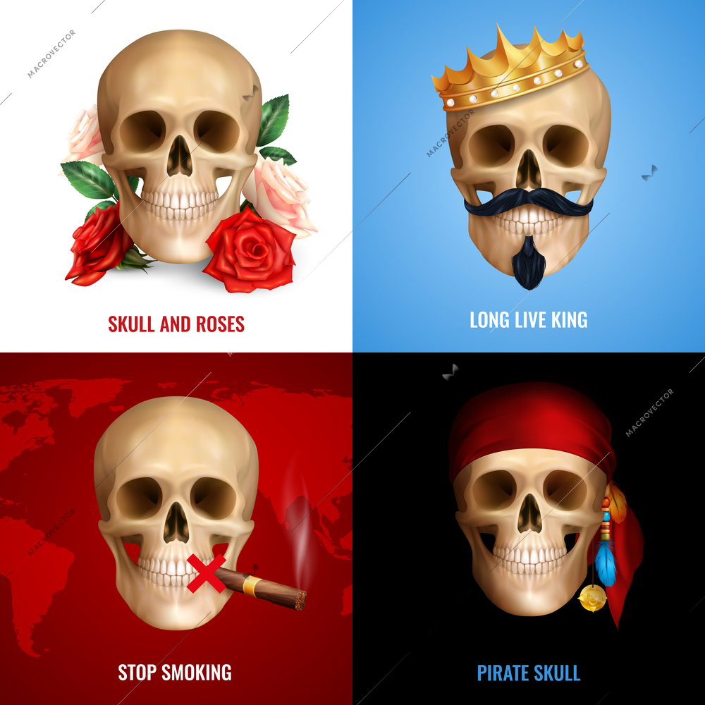 Human skull 2x2 design concept with set of realistic compositions using image of skull as danger mark or humor design vector illustration