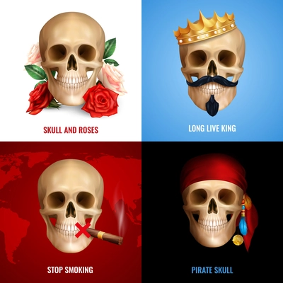 Human skull 2x2 design concept with set of realistic compositions using image of skull as danger mark or humor design vector illustration