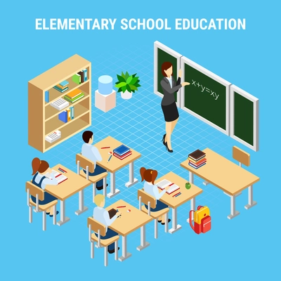 Education isometric concept with pupils of elementary school at lesson 3d vector illustration