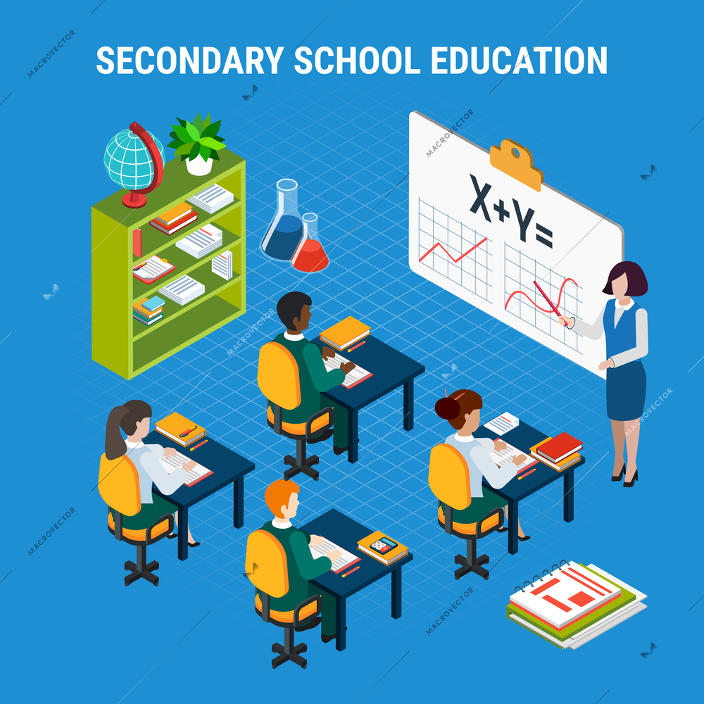 Secondary school students and teacher in classroom education isometric concept 3d vector illustration