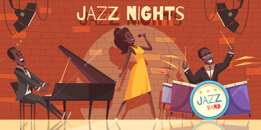 Jazz background composition with view of night club stage with african american musicians and musical instruments vector illustration