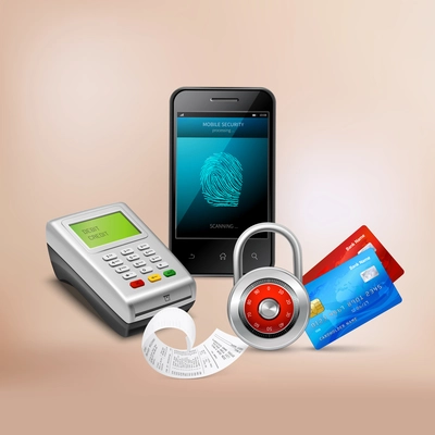 Payment by mobile phone with biometric protection realistic composition on beige background vector illustration