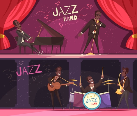 Set of two horizontal jazz banners with view of classic stage with red curtains and musicians vector illustration