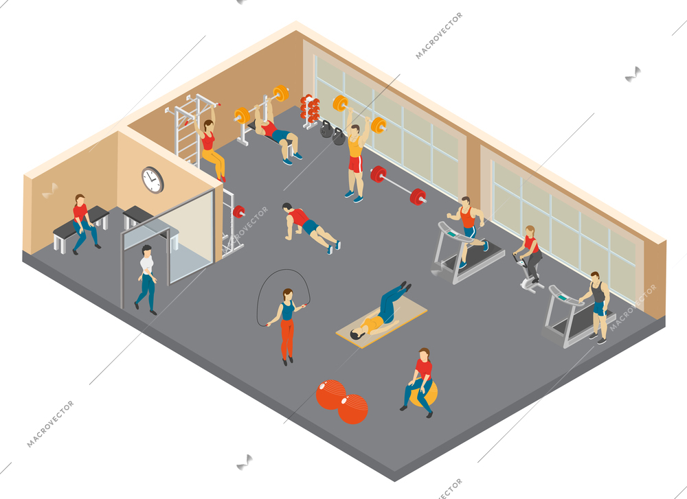 Fitness isometric composition with images of people working out inside sports hall with gym apparatus facilities vector illustration