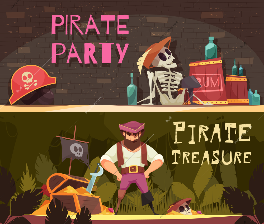 Pirate banners collection of two horizontal cartoon style compositions with pirate clothing items and rum bottles vector illustration
