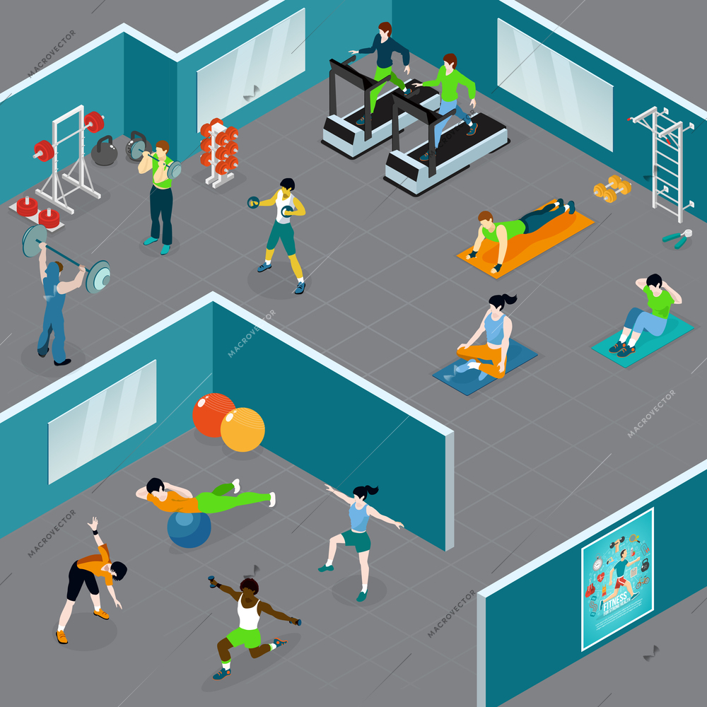 Fitness isometric composition with people doing different kinds of sport and workout in closed gym area vector illustration