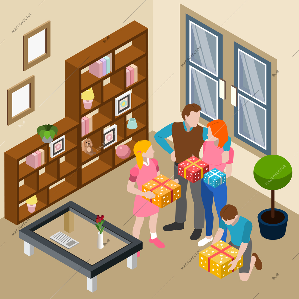 Family home living room interior event celebration isometric composition with parents daughter son opening presents vector illustration