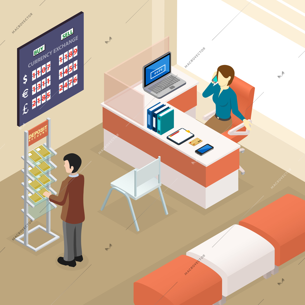 Bank isometric composition with view of waiting hall in local bank branch with people and furniture vector illustration