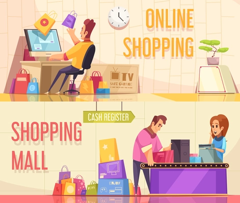 Set of two horizontal shopaholic banners with cartoon compositions of people characters and goods with text vector illustration