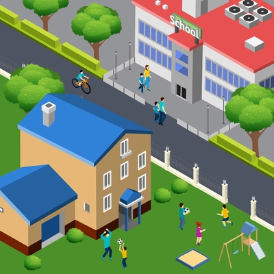 Family outdoor activities isometric composition with children playing on city house lawn with school across street vector illustration