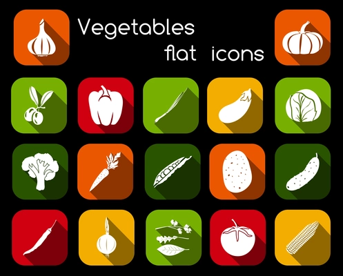 Vegetable organic food flat icons set of olive pepper chives cabbage isolated vector illustration.