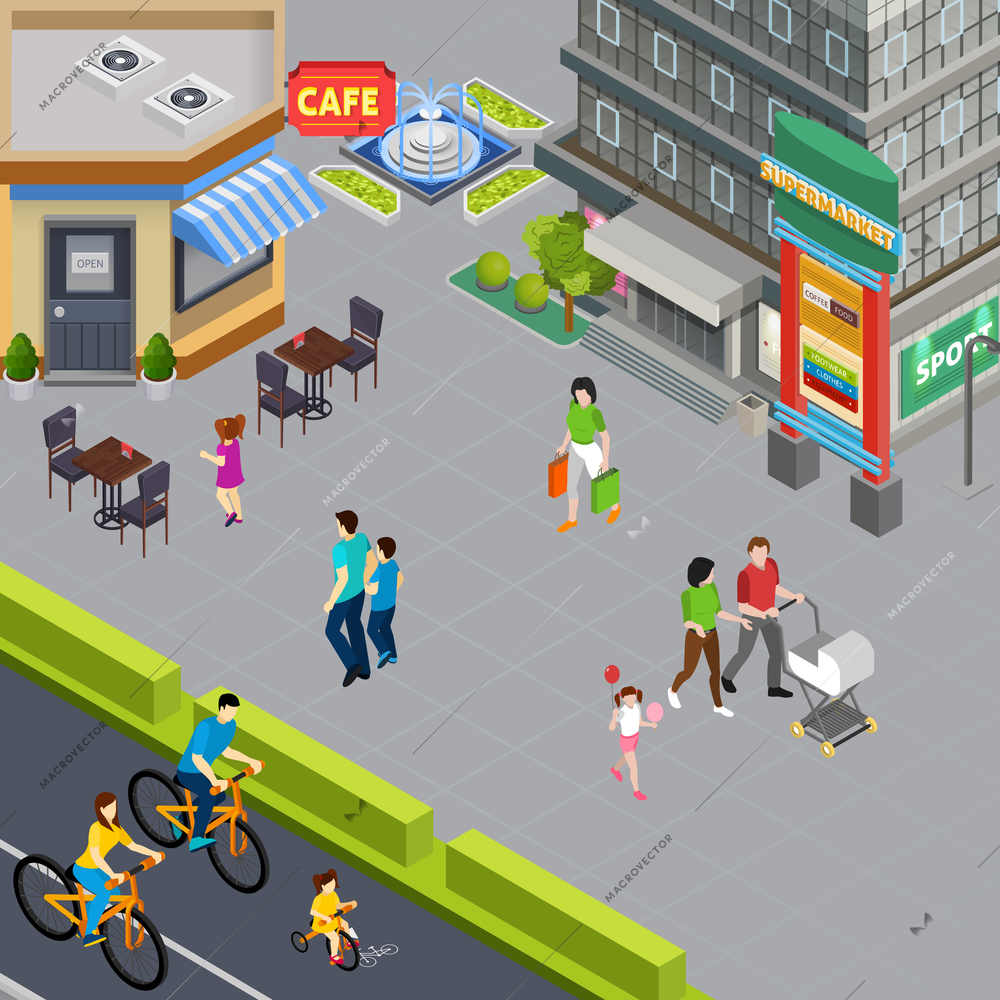 Family with pram and little daughter walking past cafe in city center pedestrian street isometric vector illustration