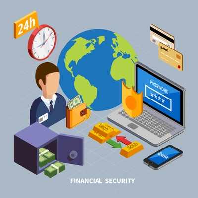 Bank isometric composition of conceptual icons and pictograms for banking systems with electronic equipment and safe vector illustration