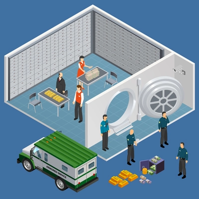 Bank isometric composition with view of safety deposit box room and cash delivery vehicle with officials vector illustration