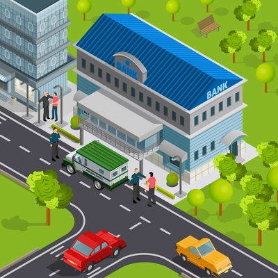 Bank isometric composition with view of city street and building with cash delivery vehicle and people vector illustration