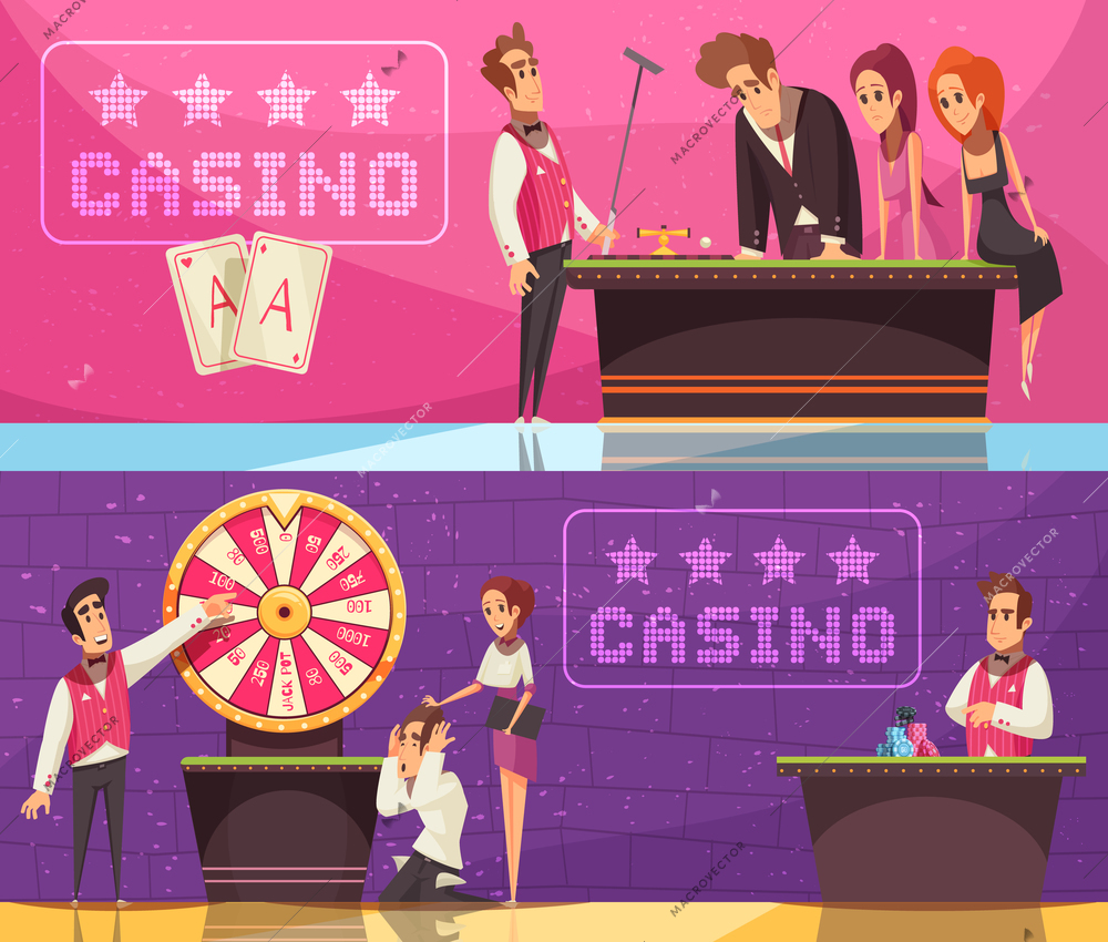 Casino banners collection with gambling game images emotional human characters of stickman banker and flat logotypes vector illustration