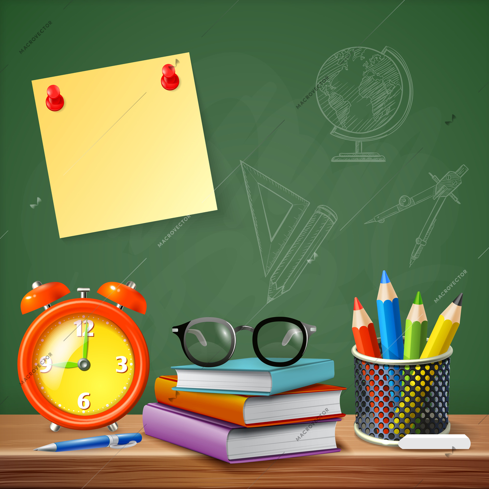 School supplies design concept with alarm clock stack of textbooks colored pencils reminder sticker realistic icons vector illustration