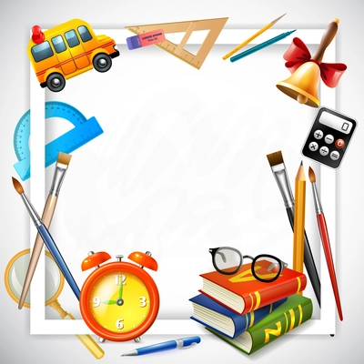 School realistic design concept with frame composed of alarm clock school bus and school supplies vector illustration